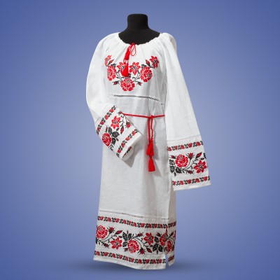 Embroidered dress "Roses" red on white